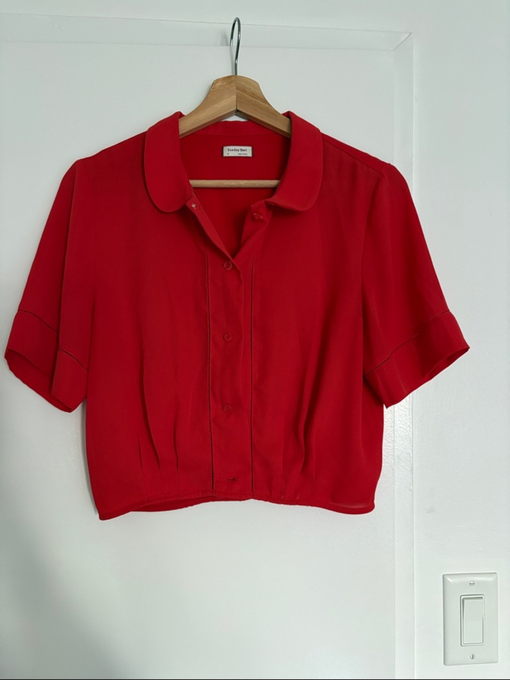 Red Button-Front Short Sleeve Blouse by Sunday Best